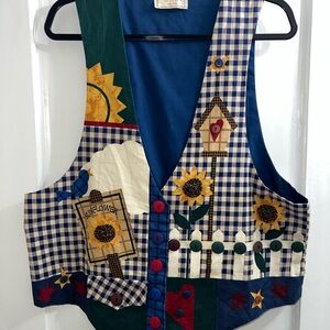 Handmade Sunflower Patchwork Vest Country Cottagecore Folk Art Quilted Gingham